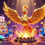 Engage with GG88's thrilling gaming experience featuring a molten phoenix and vibrant casino elements.