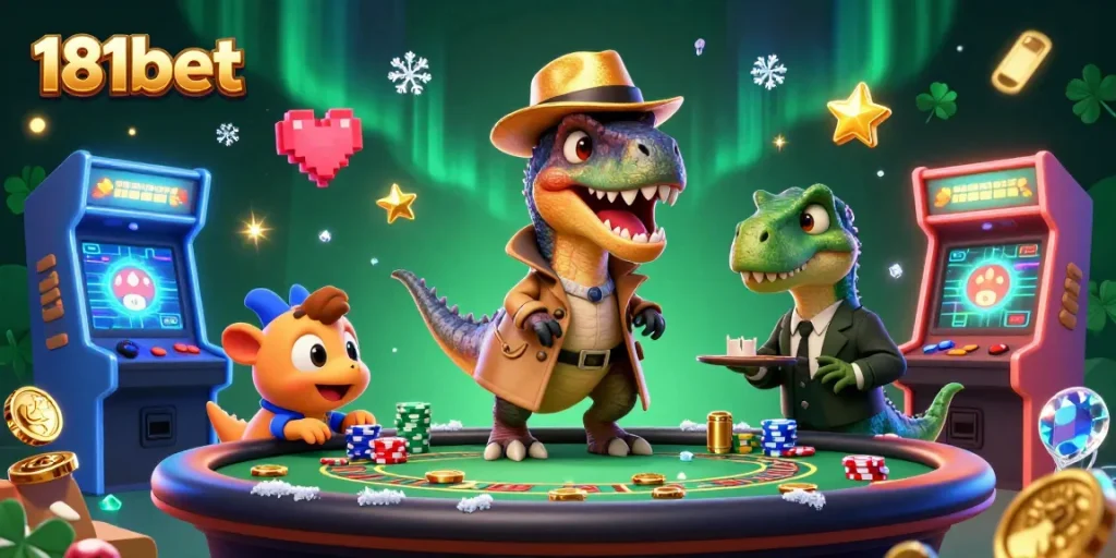 Play blackjack with 181bet as a velociraptor card counter amid colorful casino elements.
