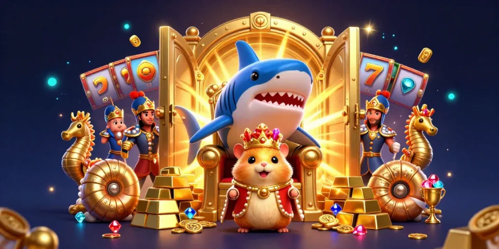 CICAKWIN showcases a vibrant casino scene with a golden hamster king and treasure-filled background, enhancing your gaming experience.