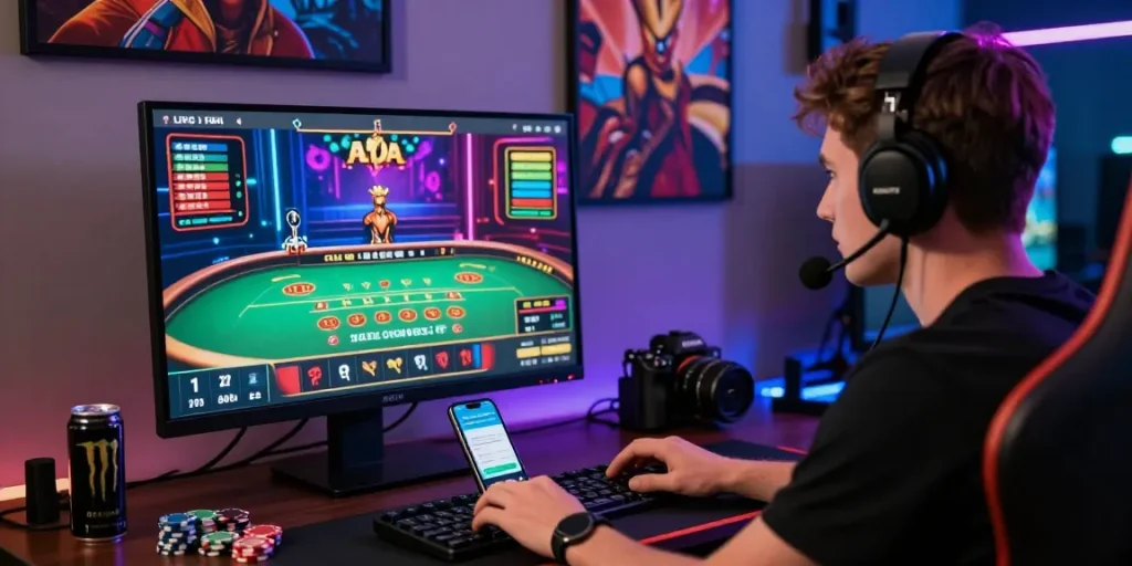 Engaging gaming experience at https://88m.locker/ with live casino action, vibrant decor, and immersive technology setup.