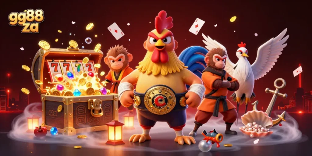 Engage with the thrilling gamified world of gg88 za, featuring animated characters and vibrant casino elements.