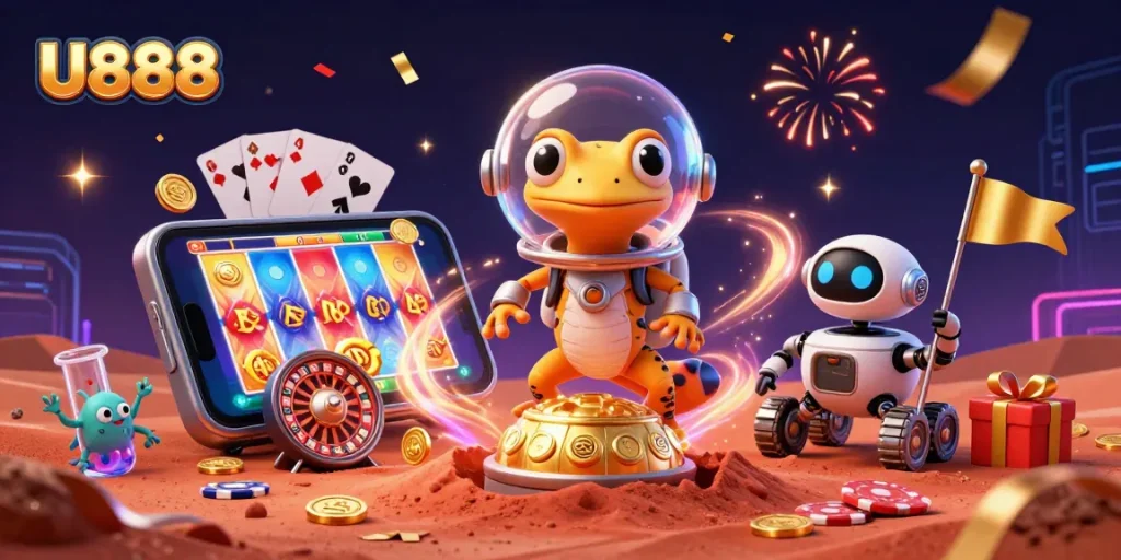 Experience exciting casino gaming with U888's thrilling 3D illustration, showcasing dynamic slot action and vibrant graphics.
