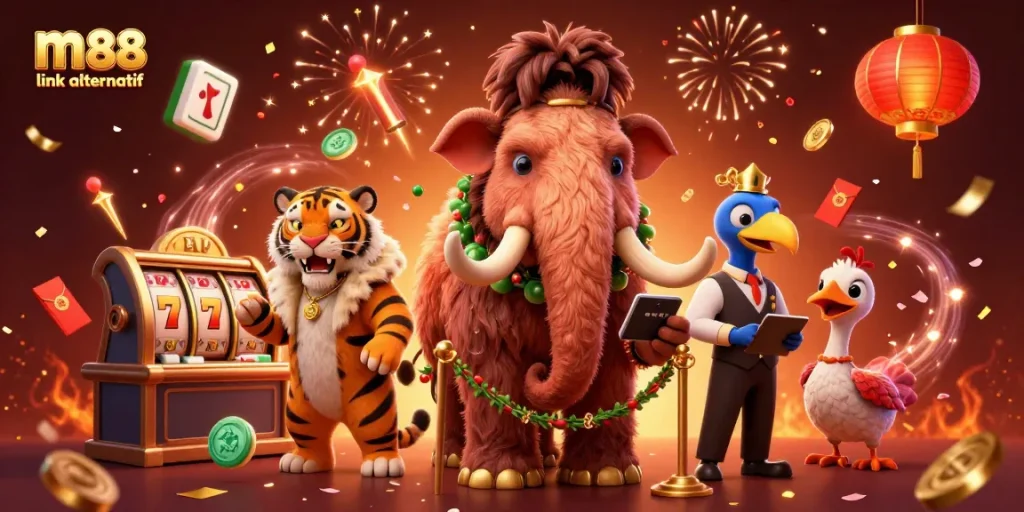 Engage in thrilling bets with m88 link alternatif, featuring vibrant 3D characters amidst exciting gaming elements.