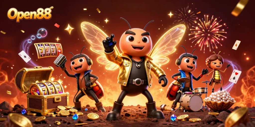 Experience Open88's vibrant casino adventure with a rock star cicada, showcasing exciting gaming elements.