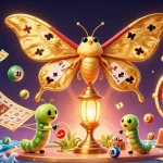 Engage with DEBET's vibrant gaming world, featuring a golden moth and dynamic casino elements.