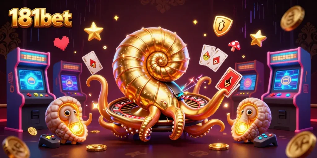 Play engaging casino games with 181bet's cartoon nautilus, roulette wheel, and glowing arcade elements.