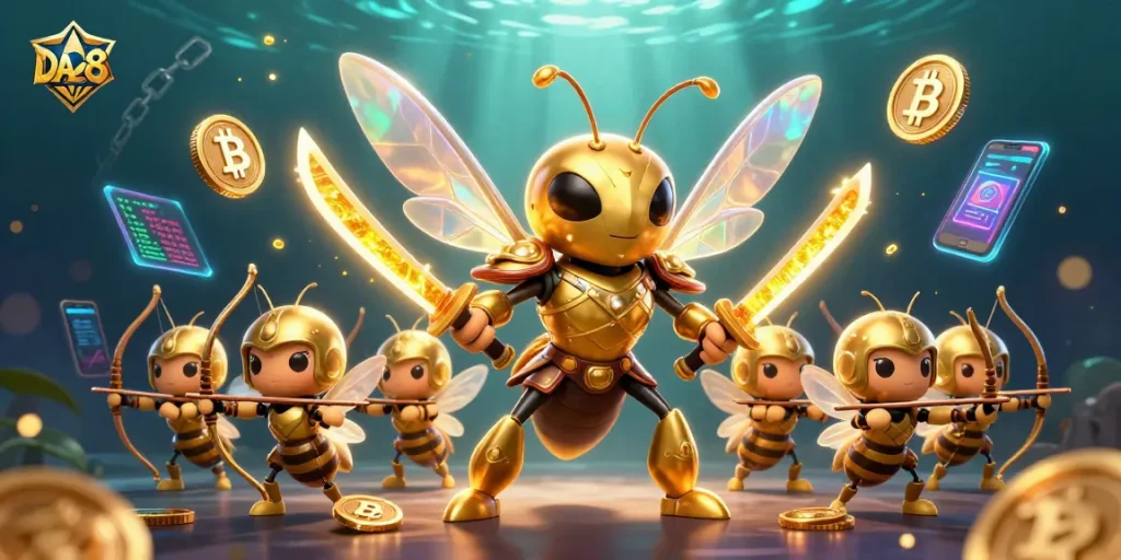 Engage with DA88 online casino adventures featuring vibrant 3D characters amidst digital gaming elements.
