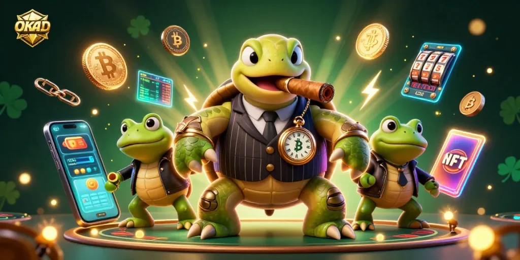 Engage with OKVND's thrilling casino experiences featuring a cartoon turtle and vibrant game elements.