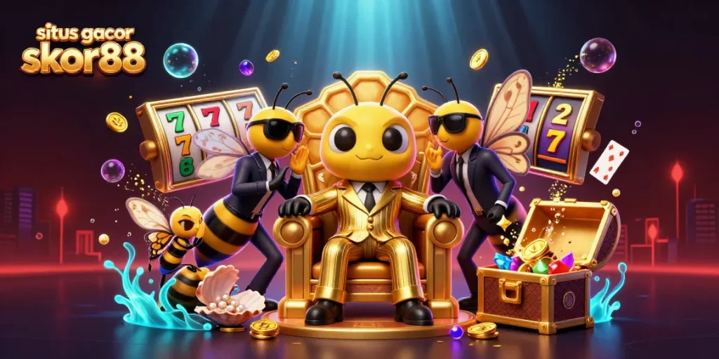 Situs gacor skor88 showcases a vibrant illustration of a bumblebee mob boss in a casino setting, exemplifying exciting gameplay.