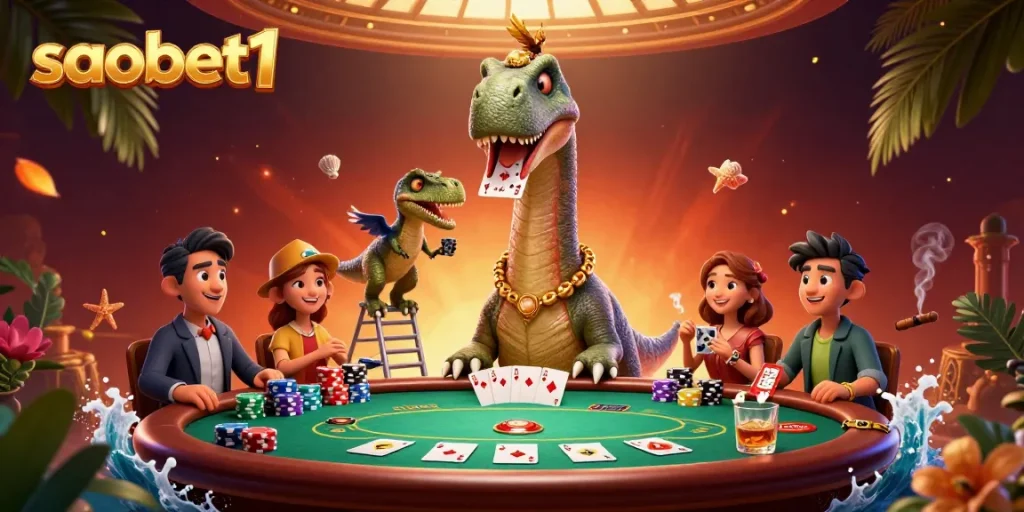 Engage with saobet1 at an animated casino scene featuring a brontosaurus and raptor dealers.