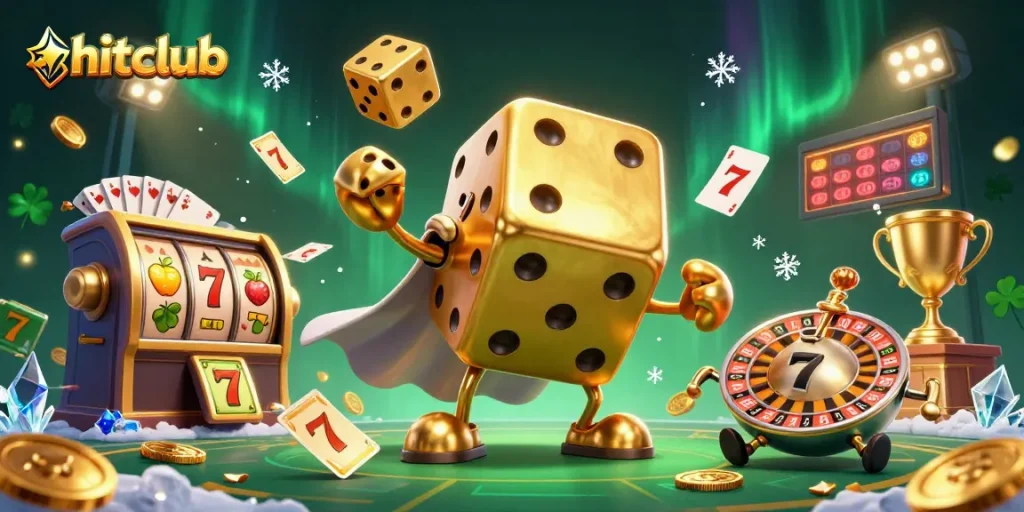 Spin the reels at hitclub with golden dice and casino elements in a vibrant 3D scene!