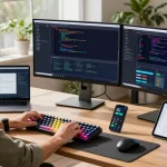 快连 developer in a modern workspace with multiple monitors coding and optimizing network solutions in a bright atmosphere.