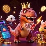 nbet casino-themed illustration with T-Rex shuffling cards, cryptocurrency coins, vibrant colors and glowing effects