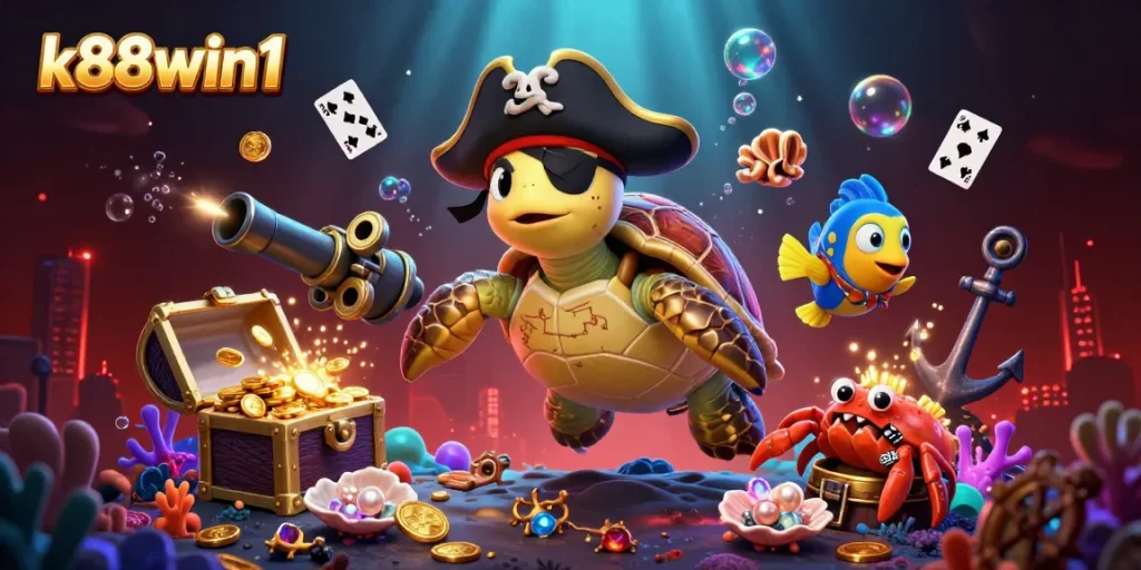 Engage with k88win1 as a pirate turtle discovers underwater treasures, surrounded by casino elements.