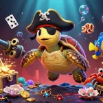 Engage with k88win1 as a pirate turtle discovers underwater treasures, surrounded by casino elements.