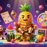 Spin large jackpot prizes with kjc in a vibrant casino scene featuring a pineapple king and game elements.
