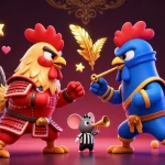 Experience thrilling gameplay and competitive action at me99, illustrated with cartoon roosters and vibrant casino elements.