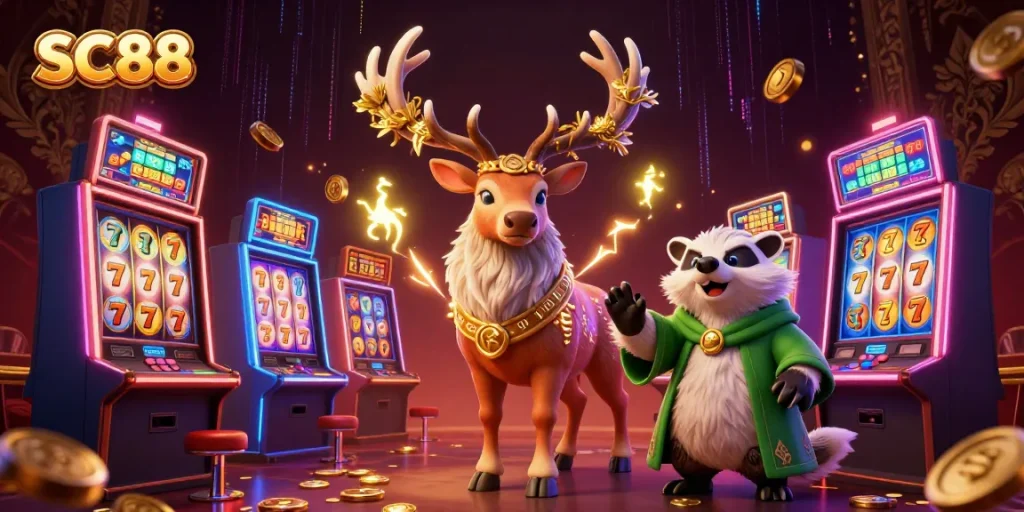 Engaging SC88 casino scene showcasing a Celtic druid stag, badger, and slot machines with vibrant gold elements.