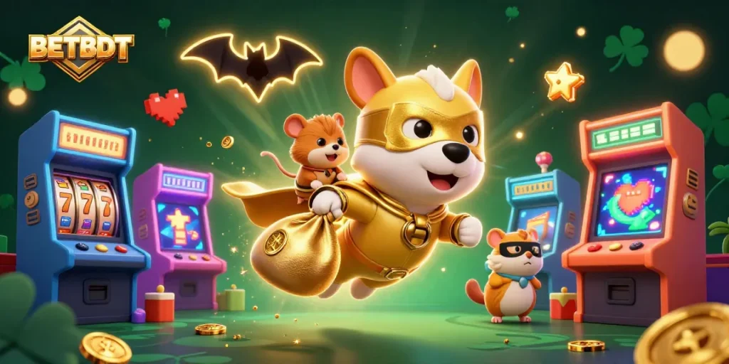 Engage in thrilling gameplay at BETBDT with a cartoon superhero dog flying through a vibrant casino scene.