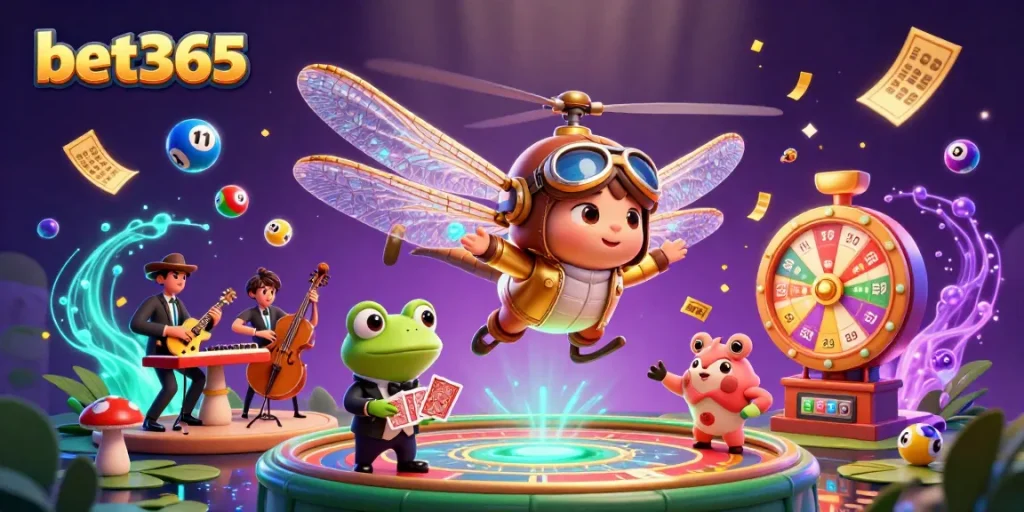 Bet365's vibrant casino scene with a dragonfly pilot, frog dealer, and jazz musicians.