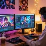 Engaging gamer enjoying ai ecchi chat with vibrant character design and cozy gaming setup.