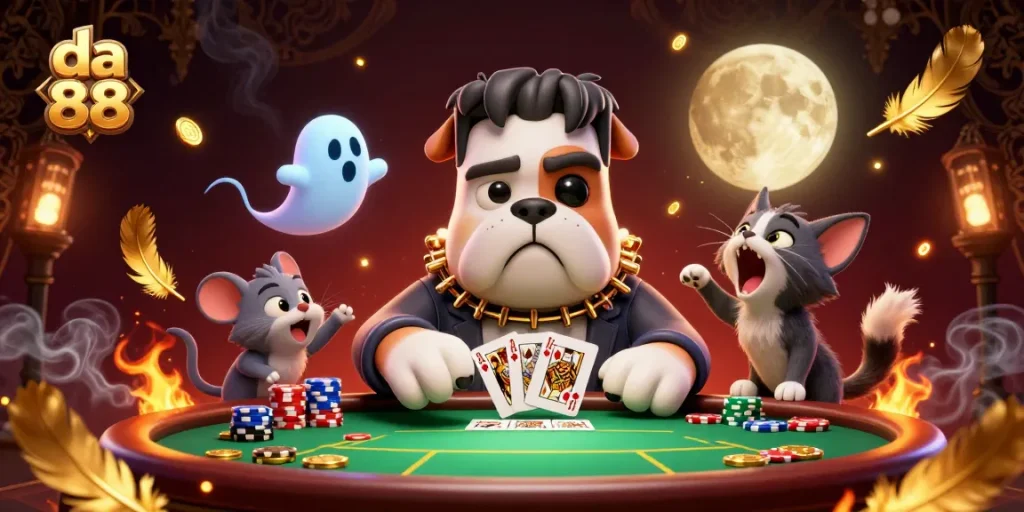 Engage with da 88 casino excitement as the bulldog deals cards amidst chips and golden elements.