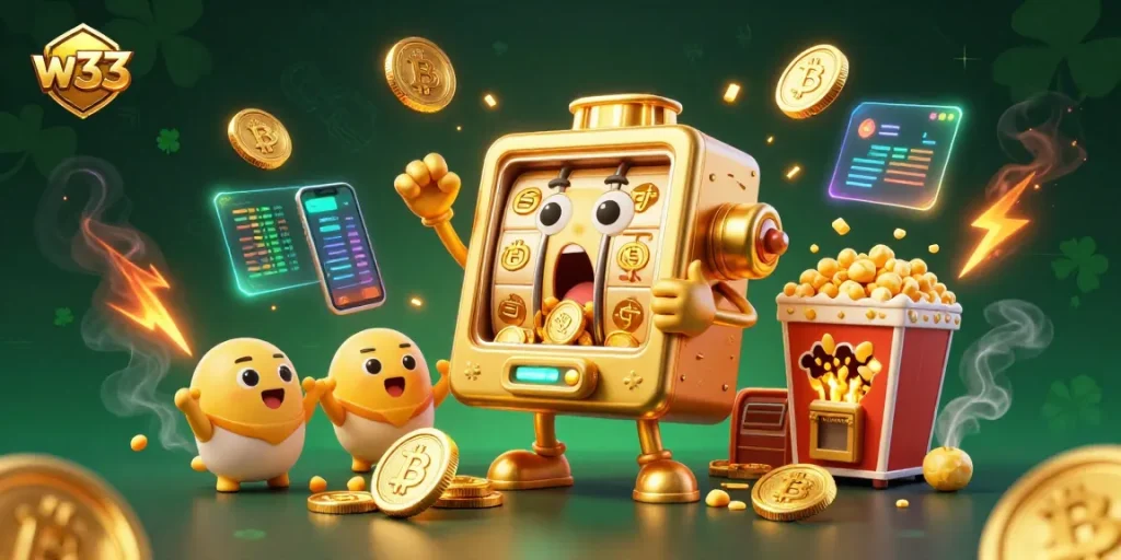 Watch as the w33 slot machine hits the jackpot, coins flying and celebrations all around in a vibrant gambling scene.