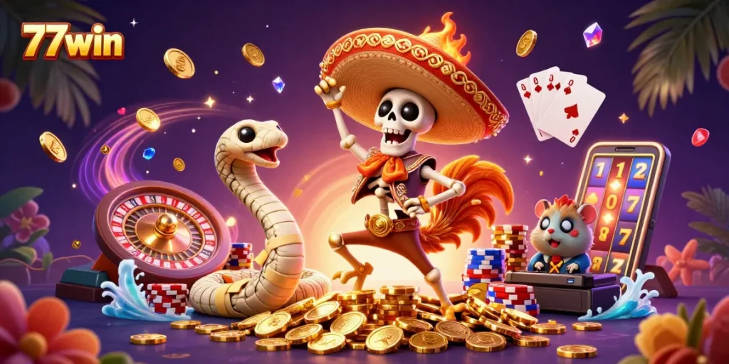 Experience the excitement of winning at 77win with colorful characters celebrating among golden coins.