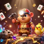 KJC showcases a treasure hunter mole in a glowing cave, surrounded by vibrant gambling elements.