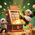 Engage with hubet's thrilling slot experience featuring a panda wrestler kicking, coins bursting from a slot machine, and animal spectators.