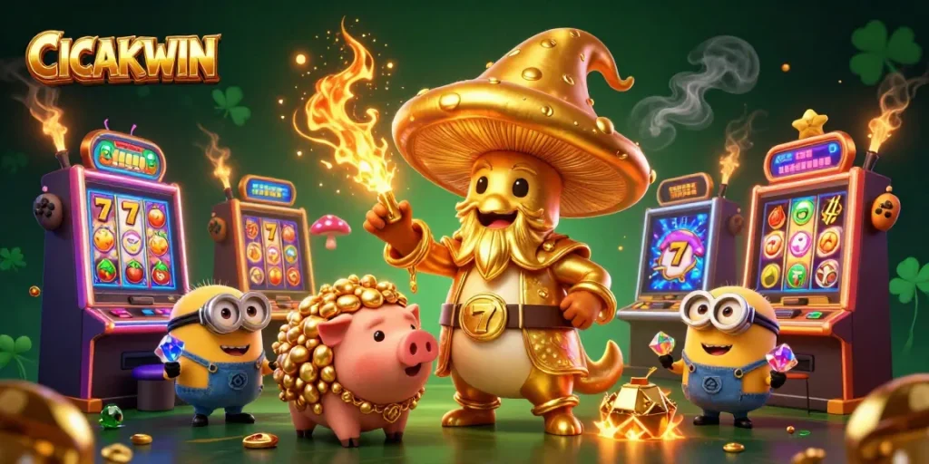 CICAKWIN gamifies slot fun with golden wizard, truffle pig, and vibrant gaming elements.