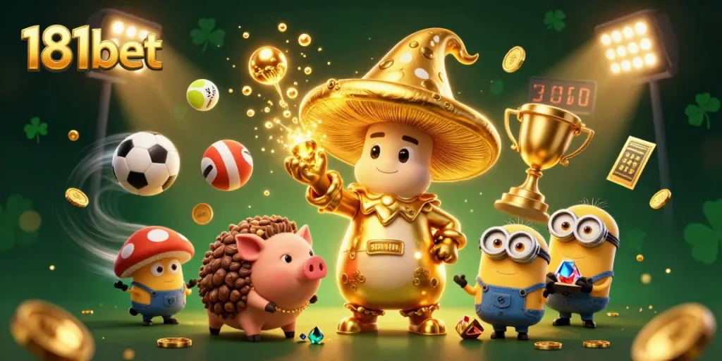 Engage in thrilling betting adventures with 181bet in a vibrant 3D scene featuring magical elements and sports.