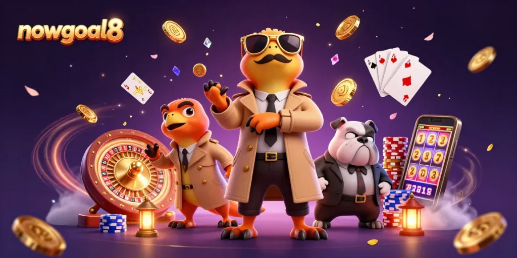 Place bets and track real-time scores with nowgoal8, featuring vibrant casino action including poker chips and golden coins.