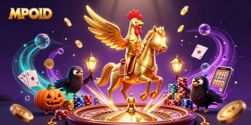 MPOID features unique gaming moments with a golden rooster character in a vibrant casino scene.
