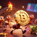 Engage in exciting gameplay at sunwin, featuring ants carrying a giant poker chip amidst vibrant crypto elements.