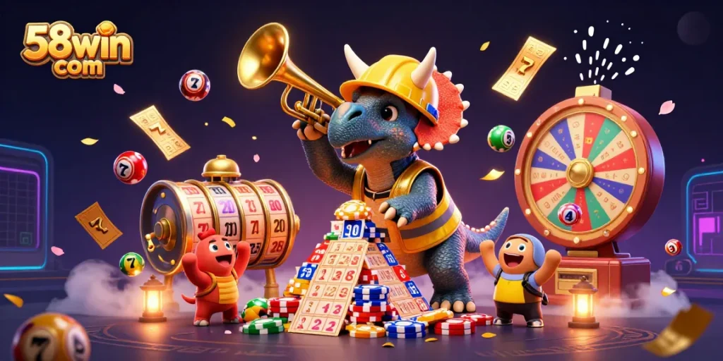 Join the fun with 58win com as the characters spin and celebrate in a vibrant casino scene.