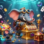 M88 link alternatif offers thrilling gambling experiences with steampunk characters and slot machines in a vibrant casino scene.
