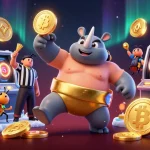 quadrosdecorativos display featuring animated sumo champion beetle amidst flying coins and vibrant slot elements.