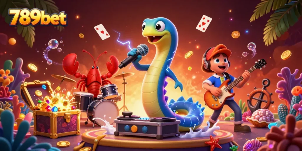 Engage in thrilling underwater gaming at 789bet with vibrant casino elements in a dynamic scene.