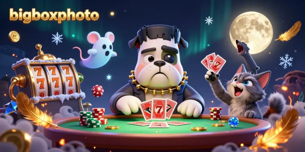 bigboxphoto shows a Frankenstein bulldog dealer amidst dynamic casino action, capturing the thrill of gaming