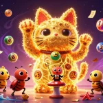 Join the excitement of ph33 with a dazzling lucky cat illustration amid vibrant casino elements.