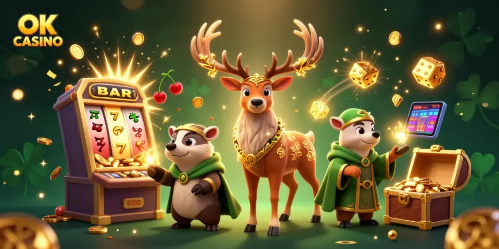 Play thrilling games at OK CASINO, featuring vibrant slot machines and enchanting magical characters.