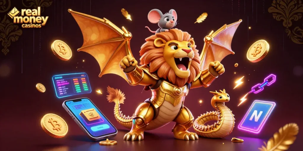 Play exciting games at real money casinos featuring a golden chimera with crypto elements.