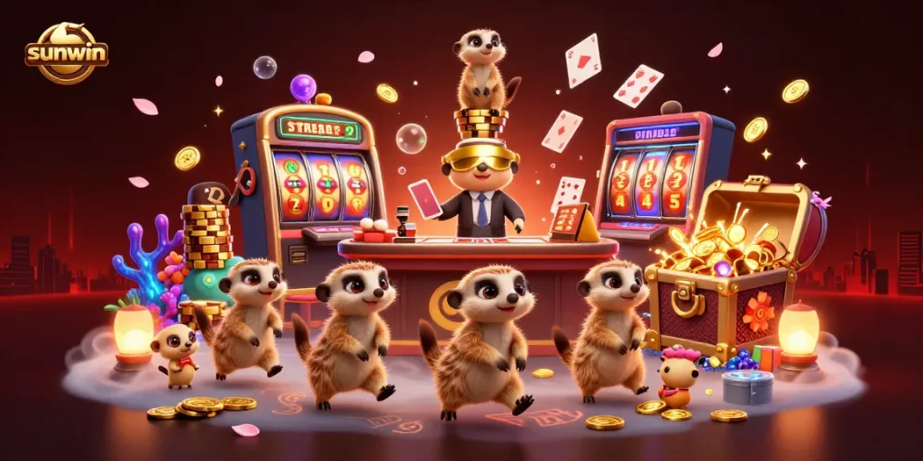 Experience thrilling gaming action at sunwin casino with lively meerkats amidst vibrant slot machines and treasures.