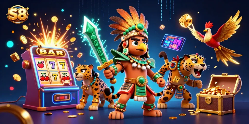 S8 casino warriors celebrate a jackpot explosion amidst vibrant gaming elements in a dynamic 3D scene.