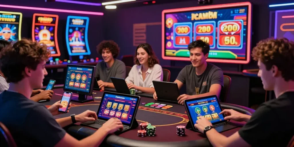 Players engaging with the 68gamebai online gaming platform, enjoying various casino games on different devices in a vibrant setting.