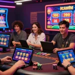Players engaging with the 68gamebai online gaming platform, enjoying various casino games on different devices in a vibrant setting.
