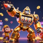Engage with the thrilling gaming world of xx88k1 featuring a golden gorilla mech and arcade elements.