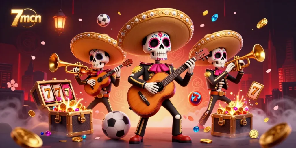 Win big with 7mcn while enjoying the vibrant skeleton mariachi band amid exploding treasures.
