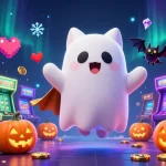Spin exciting slot reels with a ghost cat and vampire bat in a haunted casino setting.